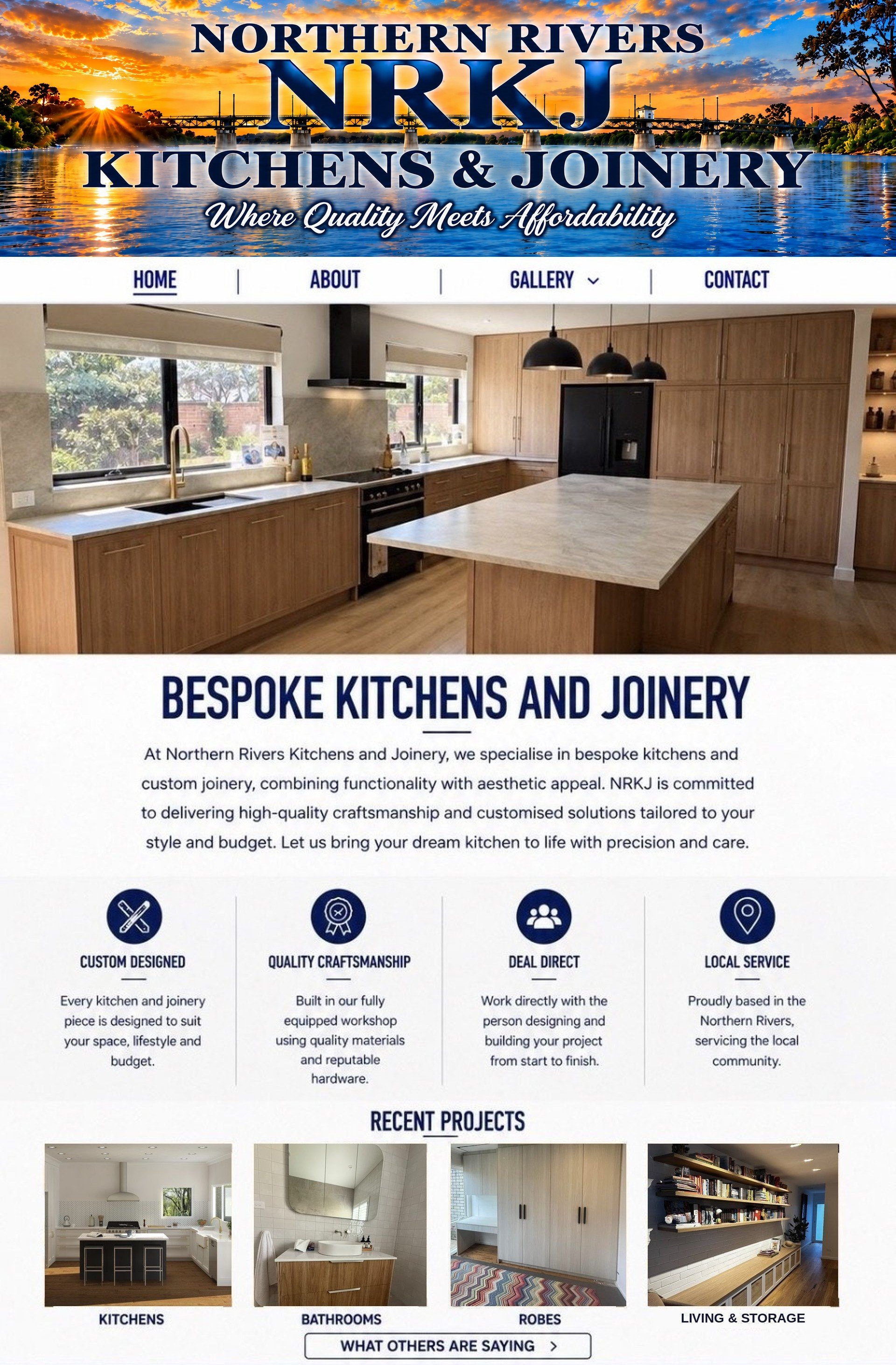 NRKJ – Northern Rivers Kitchens and Joinery, South Grafton. Bespoke kitchens and joinery. At Northern Rivers Kitchens and Joinery, we specialise in bespoke kitchens and custom joinery, combining functionality with aesthetic appeal. Custom designed, quality craftsmanship, deal direct, local service. Recent projects: kitchens, bathrooms, robes, and living and storage.
